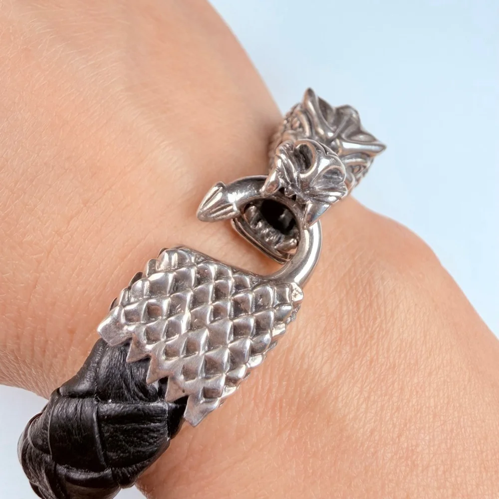 King Baby Large Dragon 925 Sterling Silver & Leather Braided Bracelet $985 - Picture 10 of 12